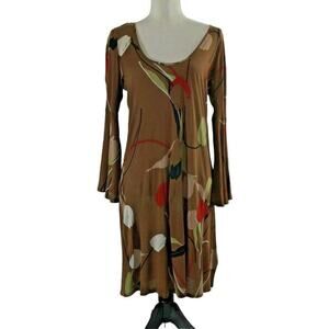 Vintage Womens Dress Size Small Tulip‎ Print Boho Brown Bell Sleeve Open Back